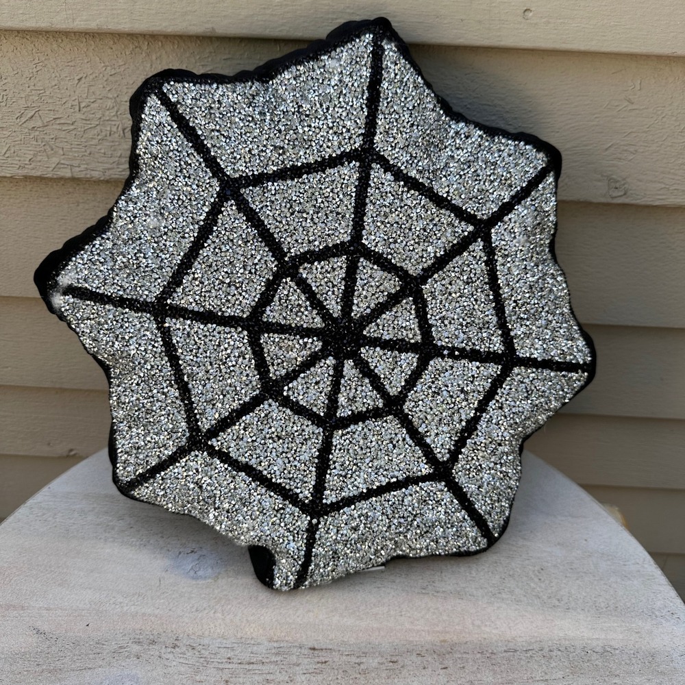 Sparkles Home Spider Web Rhinestone Pillow Black Silver 16in Gothic Decor NEW